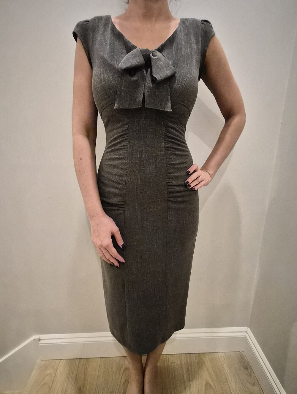 Stop Staring Charcoal Gray Bow-Front Midi Sheath Dress